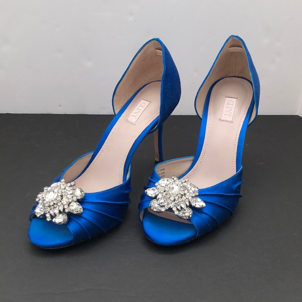 Glint Blue Satin Heels with Rhinestones